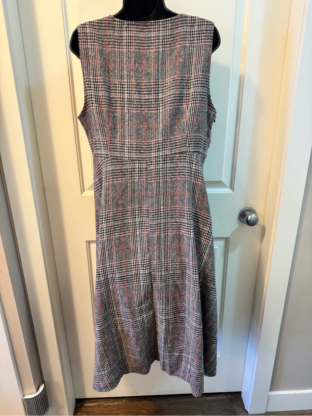 Glen Plaid V-Neck Sleeveless Pinafore Midi Dress Grey Orange M Fall Layering - Picture 7 of 11